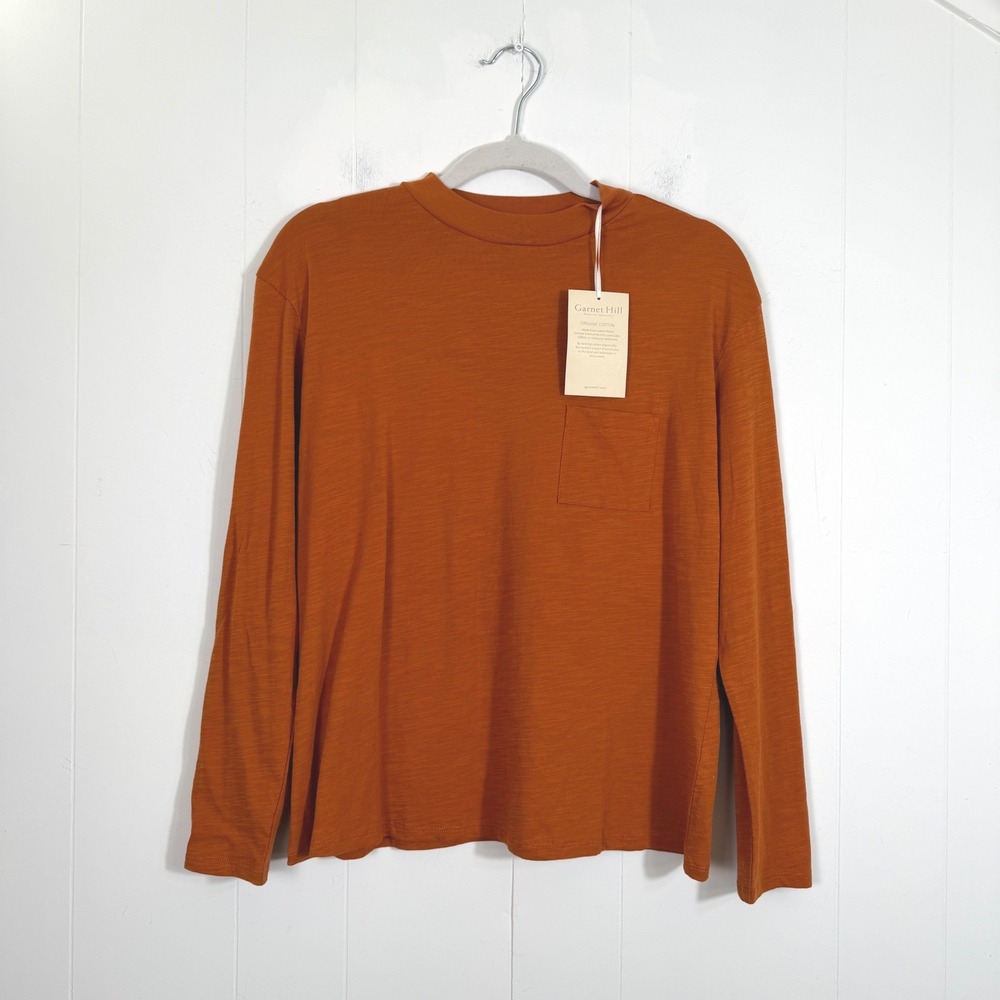Garnet Hill Organic Cotton Slub Long Sleeve Pocket Tee Burnt Orange Small New